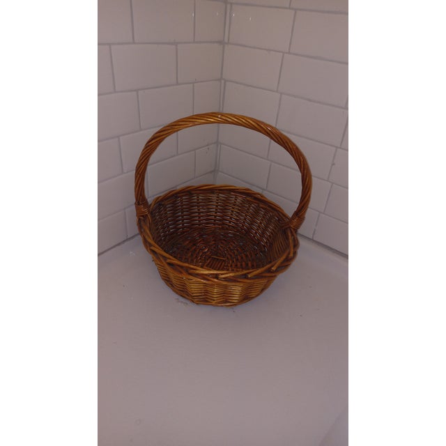 Wood Coastal Sculptural Thick Round Basket Decor Piece - Medium Lightweight Brown With Dramatic Fixed Handle For Sale - Image 7 of 9