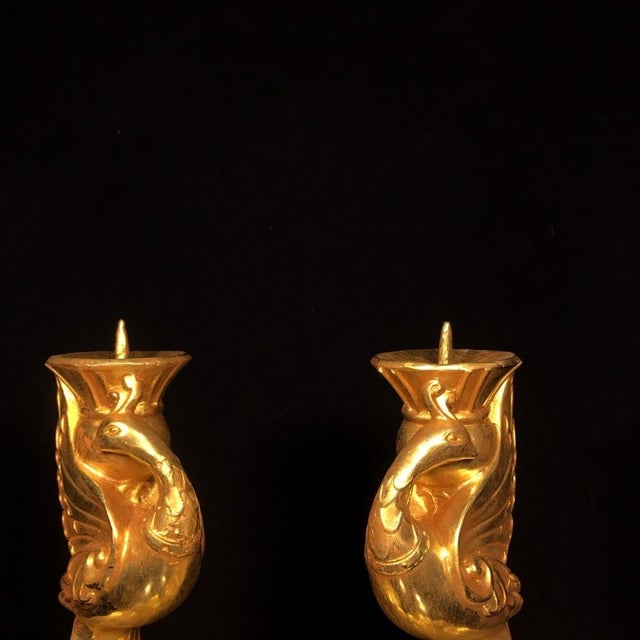 Bronze Pair of Antique Gilt Bronze Phoenix Candlesticks, 4.7kg For Sale - Image 8 of 9