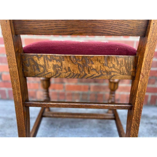 19th Century Pair of Antique Jacobean Style Solid Tiger Oak Needlepoint Dining Chairs, 19th Century For Sale - Image 5 of 11