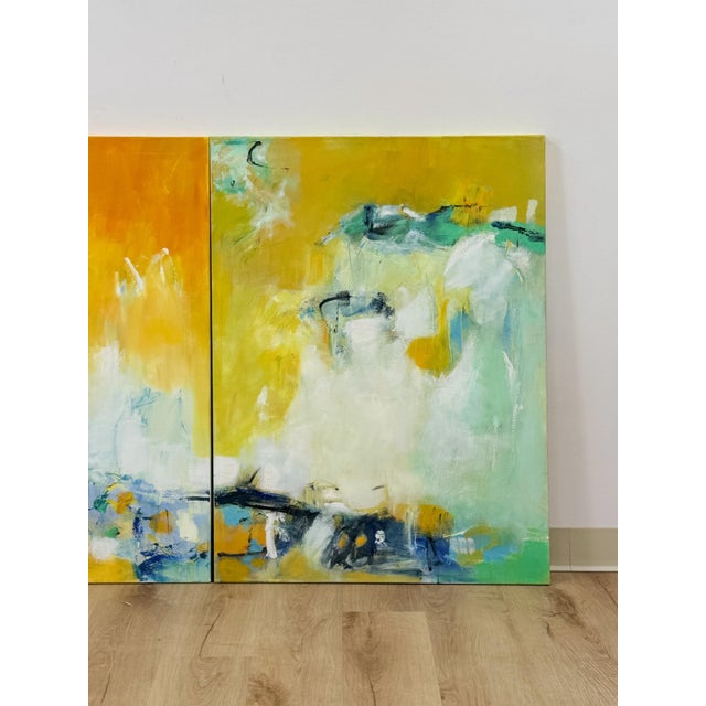 Set of 3 Modern Abstract Paintings Yellow Green Blue Wall Art Acrylic on Canvas For Sale In Tampa - Image 6 of 16