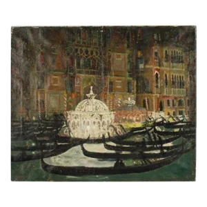 Alfred Reginald Thomson (British, 1895 - 1979) Venetian Scene, Gondolas Surrounding a Fountain Painting.