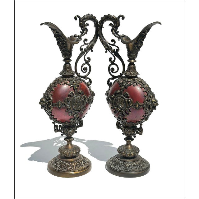 19thC Antique Ornate Brass Commemorative European Decorative Ewers-Set of Two For Sale - Image 10 of 10