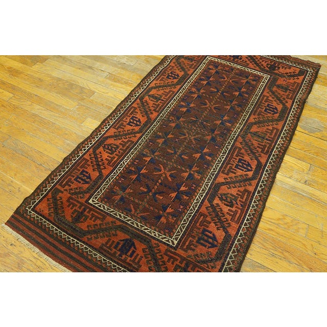 Persian 1900s Brown Red Wine Geometric Tribal Antique Persian Baluch Turkmen Rug 2'9" X 5'5" Handknotted Wool Carpet For Sale - Image 3 of 7