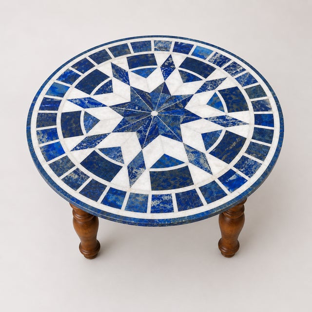 40" Round Genuine Lapis Lazuli Stone Inlay Mosaic Table For Sale - Image 4 of 5