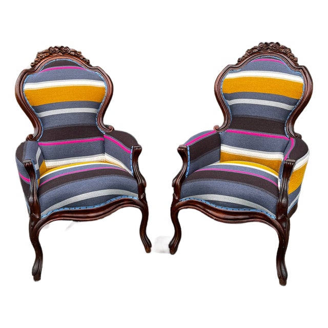 Antique Bohemian Stripped Upholstered Rustic Armchairs (All New Upholstery) Set of 2 For Sale
