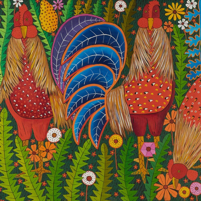 Vintage Haitian Painting of Three Roosters by Paul Nemours For Sale - Image 4 of 13