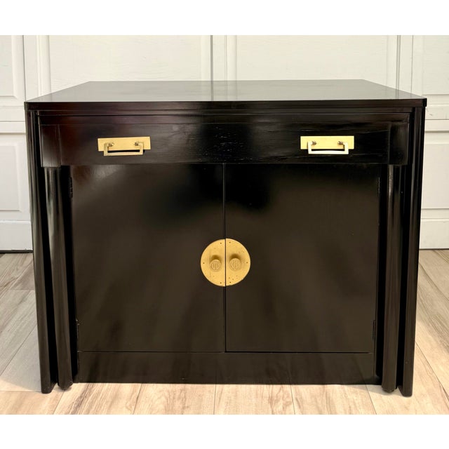 Mid-Century Black Lacquer Chinoiserie Convertible Dining Table Cabinet For Sale - Image 15 of 15