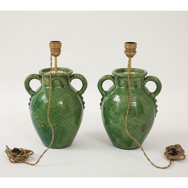 Pair of Vintage Green Ceramic Lamps With Handmade Wicker Shades For Sale - Image 4 of 13