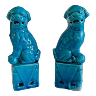 Ceramic Small Asian Turquoise Foo Dogs - a Pair For Sale