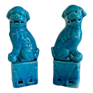 Ceramic Small Asian Turquoise Foo Dogs - a Pair