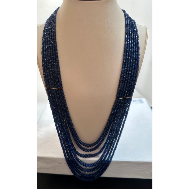 2010s 760 Carat Natural Sapphire Bead Seven Strand Necklace 14K Gold With Spacer 28" For Sale - Image 5 of 18
