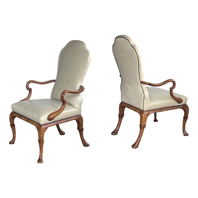 Pair English Queen Anne Style Carved Walnut Shepherd's Crook Armchairs For Sale