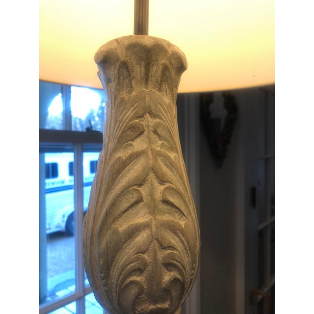 Classical Carved Wooden Finial Lamps with Grey Drum Shades - A Pair For Sale - Image 4 of 7