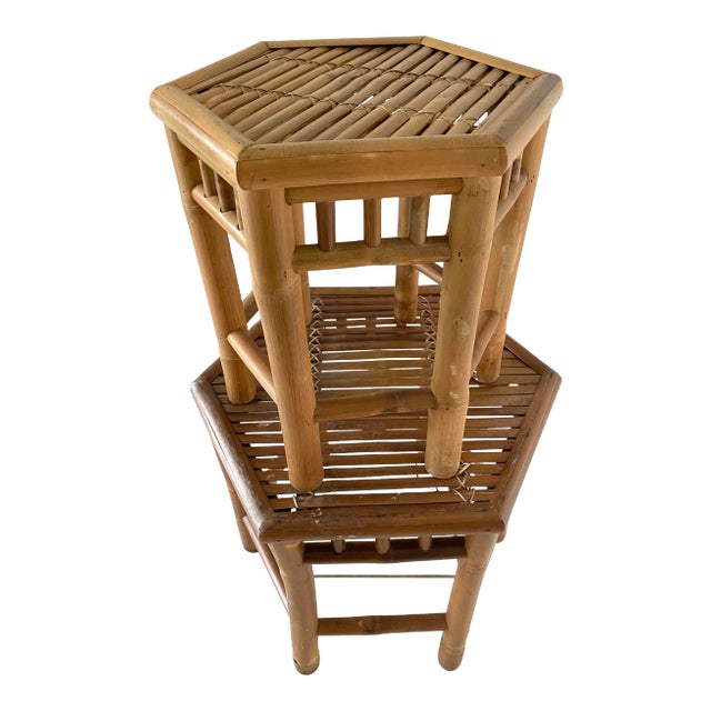 Mid Century Bamboo Rattan Hexagon Nesting Tables - Set of 2 For Sale