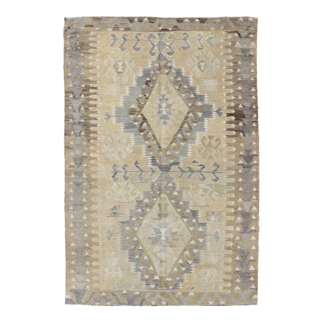 Vintage Tribal Kilim With Geometric Design in Taupe, Honey, Lavender, Gray & Tan For Sale