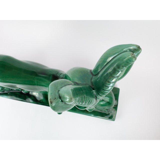 Green Monumental French Art Deco Ceramic Sculpture ‘Stag, Doe & Fawn’ by Charles Lemanceau, 1930s For Sale - Image 8 of 17
