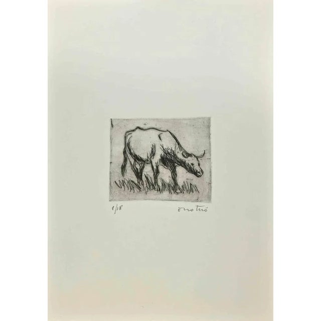 Bull is an Etching realized by Enotrio Pugliese in 1963. Limited edition of 18 copies numbered and signed by the artist....