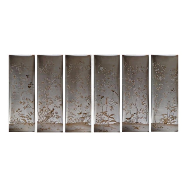 36" * H108"/Panel, Luxury Hand-Painted Chinoiserie Wallpaper on Champagne Silver Gilded Paper For Sale