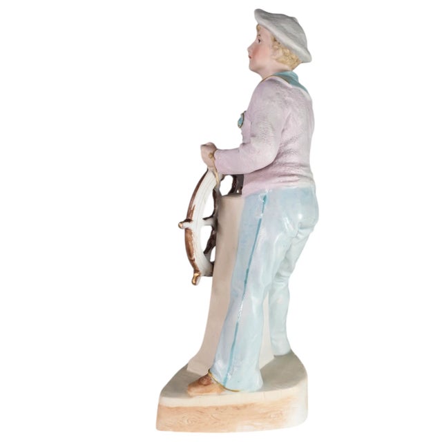 Figurative Gebruder Heubach Young Man at a Ship’s Steering Wheel Figurine 11.5" For Sale - Image 3 of 10