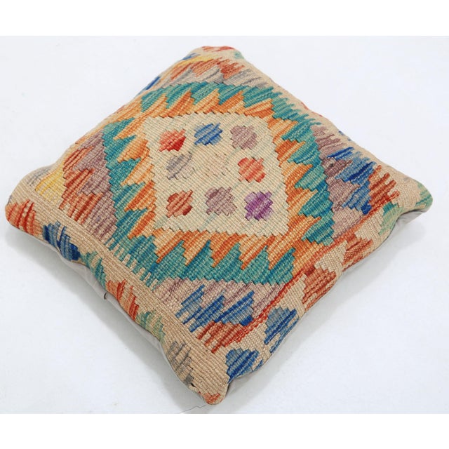 Tribal Arteverk Handwoven Afghan Kilim Pillow — Orange & Teal Diamond Medallion For Sale - Image 3 of 3