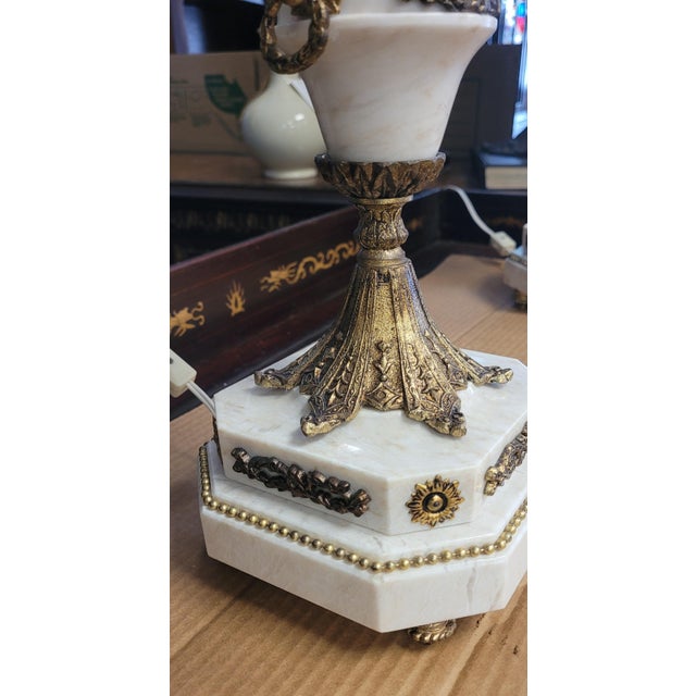 1950s Pair French Stone and Gilt Brass Candelabra Lamps For Sale - Image 4 of 16