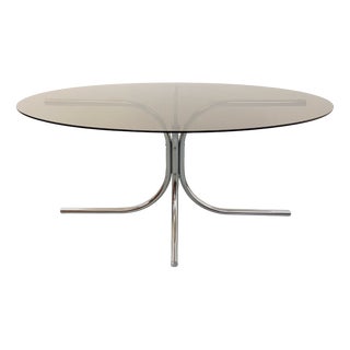 Vintage Space Age Oval Dining Table in Smoked Glass and Chrome Metal, 1970s For Sale