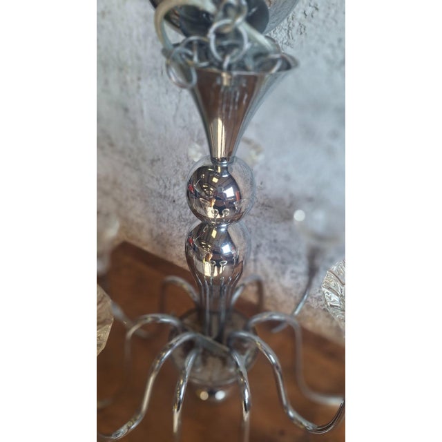 Silver Tulip-Shaped Chandelier in Chrome Metal and Thick Glass, 1930s For Sale - Image 8 of 17