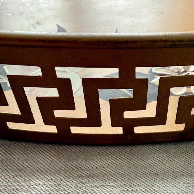 Vintage Toleware Gold Floral Greek Key Round Tray For Sale In Raleigh - Image 6 of 10