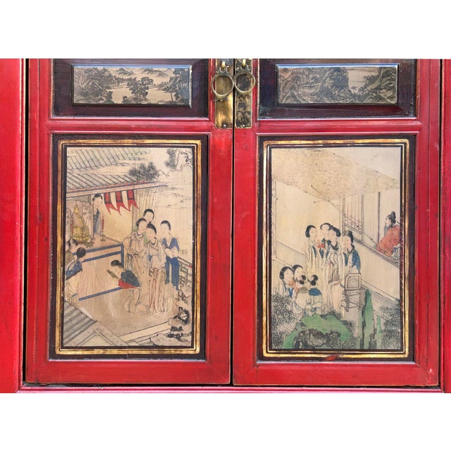 Vintage Oriental Red Beige People Scenery Graphic Storage Cabinet For Sale - Image 11 of 14
