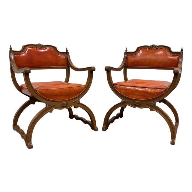 Vintage Hibriten Victorian Style Carved Walnut Savonarola Parlor Armchairs For Sale