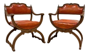 Vintage Hibriten Victorian Style Carved Walnut Savonarola Parlor Armchairs