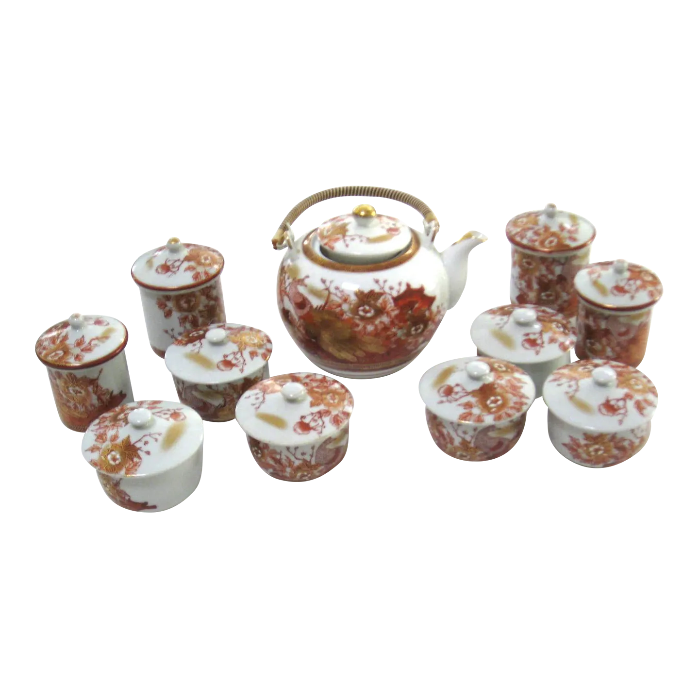 1950s Kutani Yaki Japanese Tea Set Red Peacock & Peonies Teapot