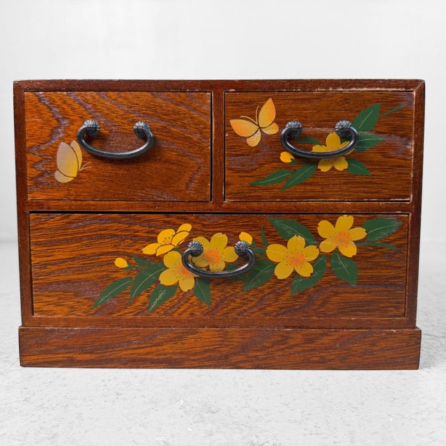 Small Japanese Wooden Drawer Chest with Flowers and Butterflies, 1980s For Sale - Image 4 of 12