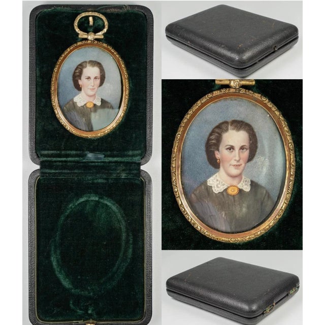 Antique Hand Painted French Portrait Miniature in Locket Style Frame, C. 1850 For Sale - Image 6 of 12