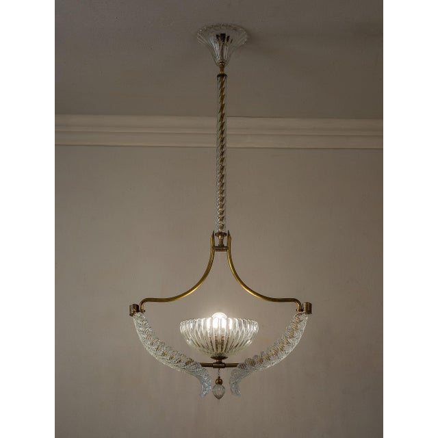 1940s Vintage Italian Art Deco Brass Chandelier with Glass Leaves attributed to Ercole Barovier for Barovier&Toso, 1940s For Sale - Image 5 of 14