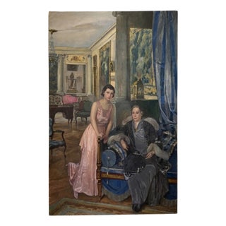 Huge Painting, Salon with Mother and Daughter, Luigi Paolillo, 1933 For Sale