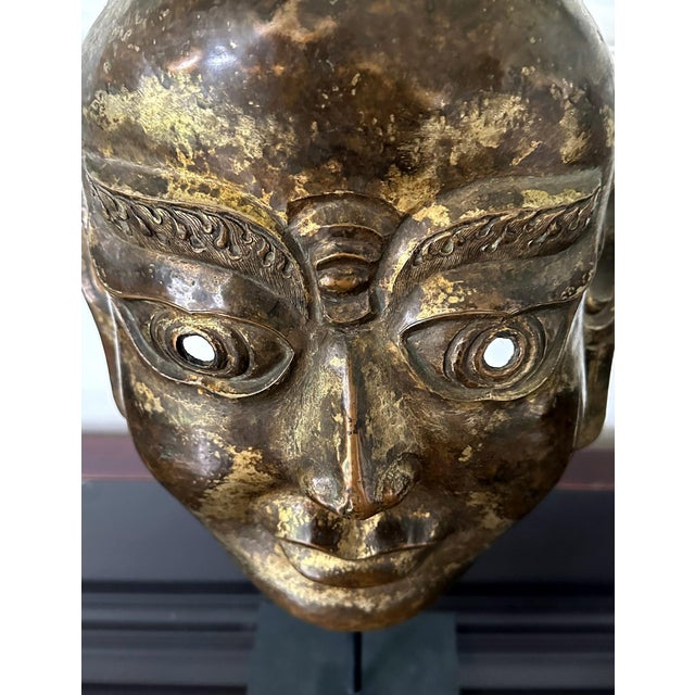 Tibetan Gilt Copper Alloy Mask on Display Stand For Sale - Image 13 of 18