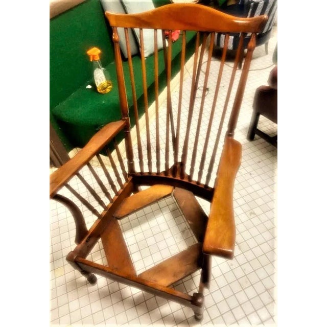 Brown Stickley Brothers Signed Antique Maple Windsor Chair With New Leather and Textile Seat and Back Cushions - Grand Rapids - 1920s For Sale - Image 8 of 11