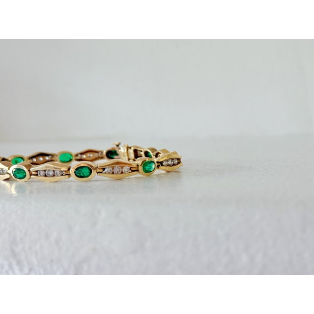 Vintage 14k Yellow Gold Emerald & Diamond Bar-Link Bracelet For Sale - Image 13 of 15