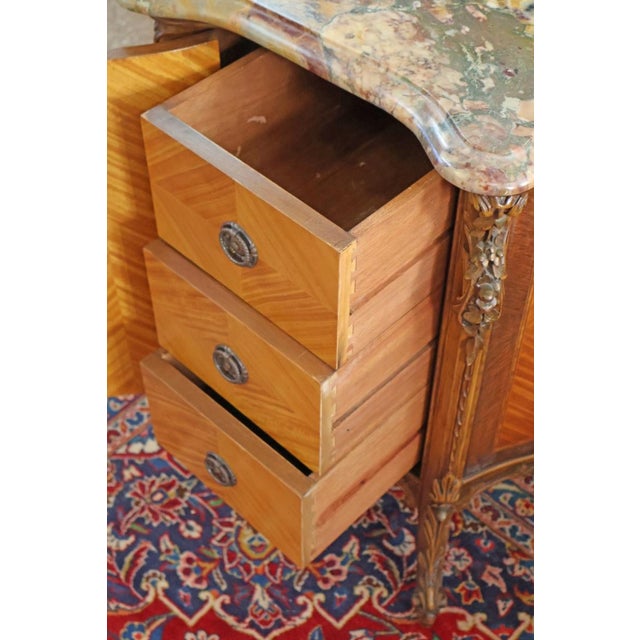 French Louis XV Style Walnut and Satinwood Inlaid Marble Top Vanity Circa 1920's For Sale - Image 12 of 14