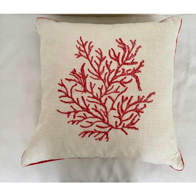 Coral Motif Embroidered Pillow For Sale - Image 4 of 6