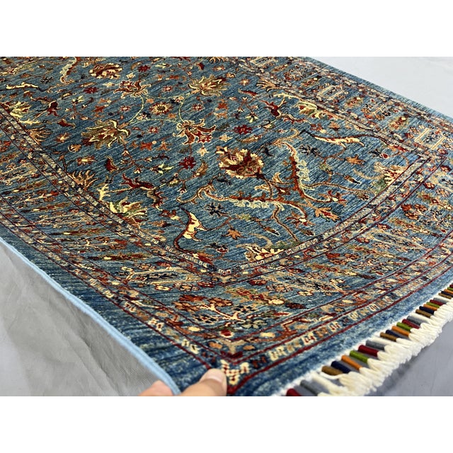 2000 - 2009 Blue Sultani Chobi Hand-Knotted Natural Dye Wool Rug - 4'11" X 6'10" For Sale - Image 5 of 11