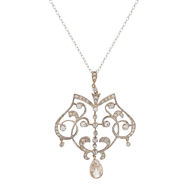1910s Edwardian Old Cut Diamond Gold and Silver Necklace For Sale