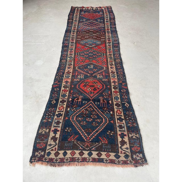 Antique Runner Protective Animals Wild Blues & Rusty Persimmon Rug 3.2 x 10.7 For Sale In Milwaukee - Image 6 of 13