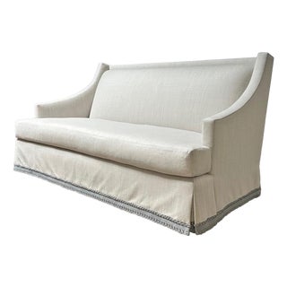Stanton Skirted Sofa Upholstered in Elizabeth Eakins Peek-a-Boo Gray Strie Wool From the Madeline Stuart Collection For Sale