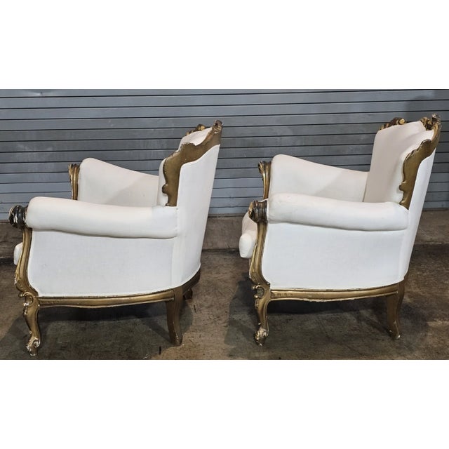Early 20th Century Pair Italian Rococo Style Giltwood Armchairs Cream Colored Muslin Fabric For Sale - Image 11 of 11
