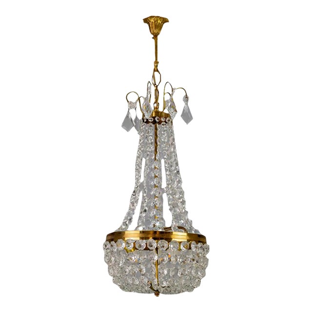 Vintage Brass and Crystal Glass Basket Chandelier For Sale