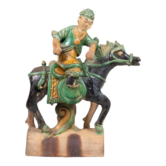 Antique Chinese Sancai Glazed Roof Tile Equestrian Figure For Sale