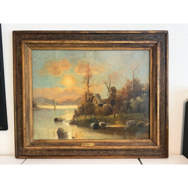 Brown Antique European Romantic Lakeside Landscape With Windmill, Attr. To H. Volpini For Sale - Image 8 of 15