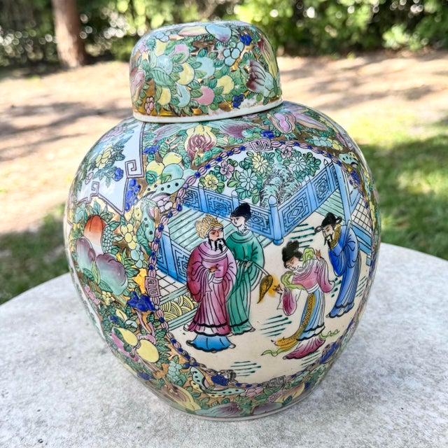 Vintage Chinese Hand Painted Multi Color Porcelain Ginger Jar For Sale - Image 9 of 9
